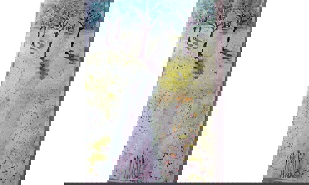 Watercolour painting of trees in field