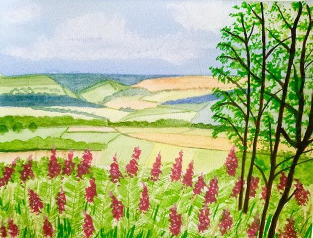 Watercolour painting of trees in field