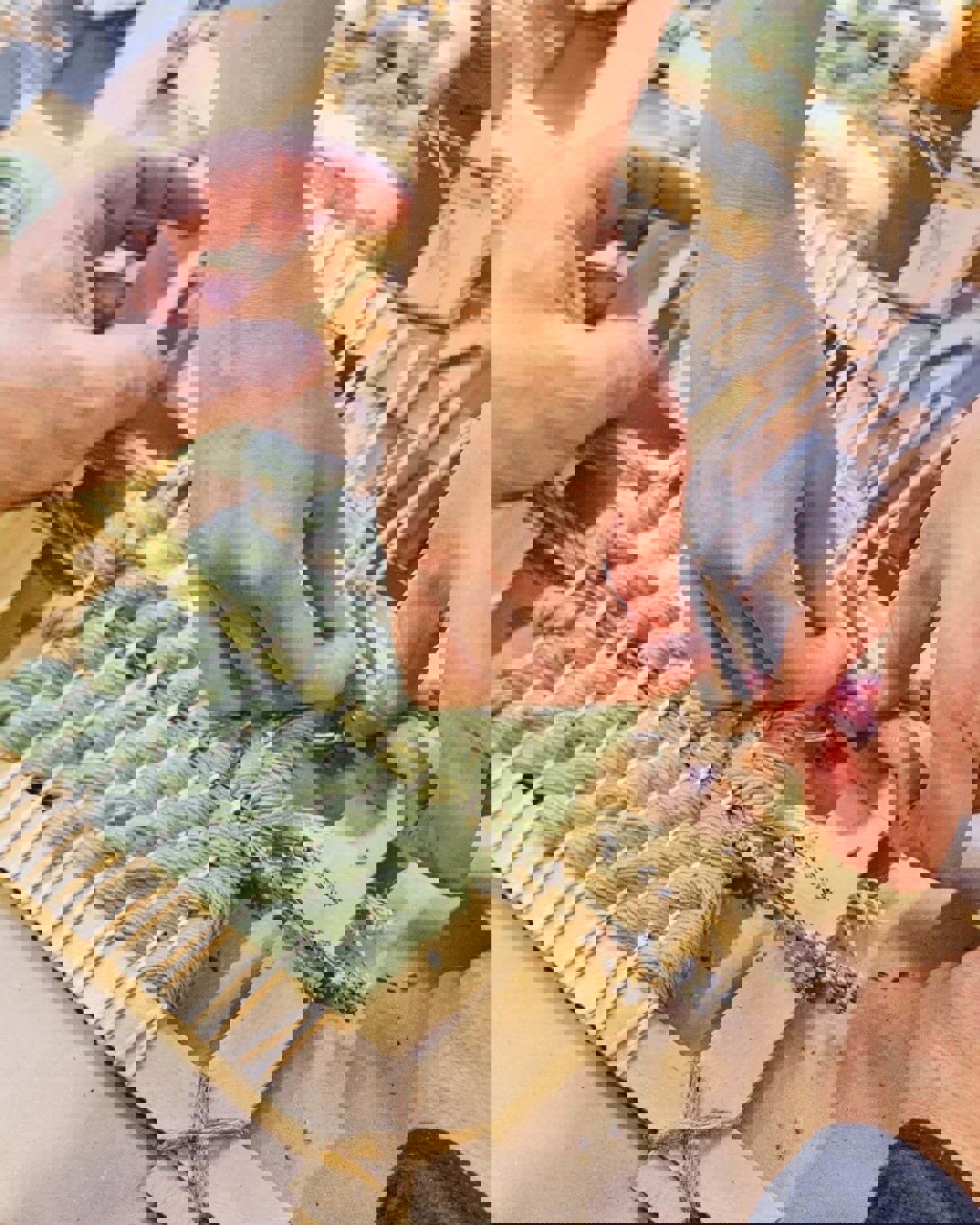 Two people weaving using a hand loom