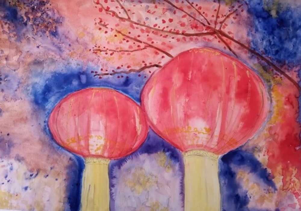 Watercolour painting of Chinese lanterns