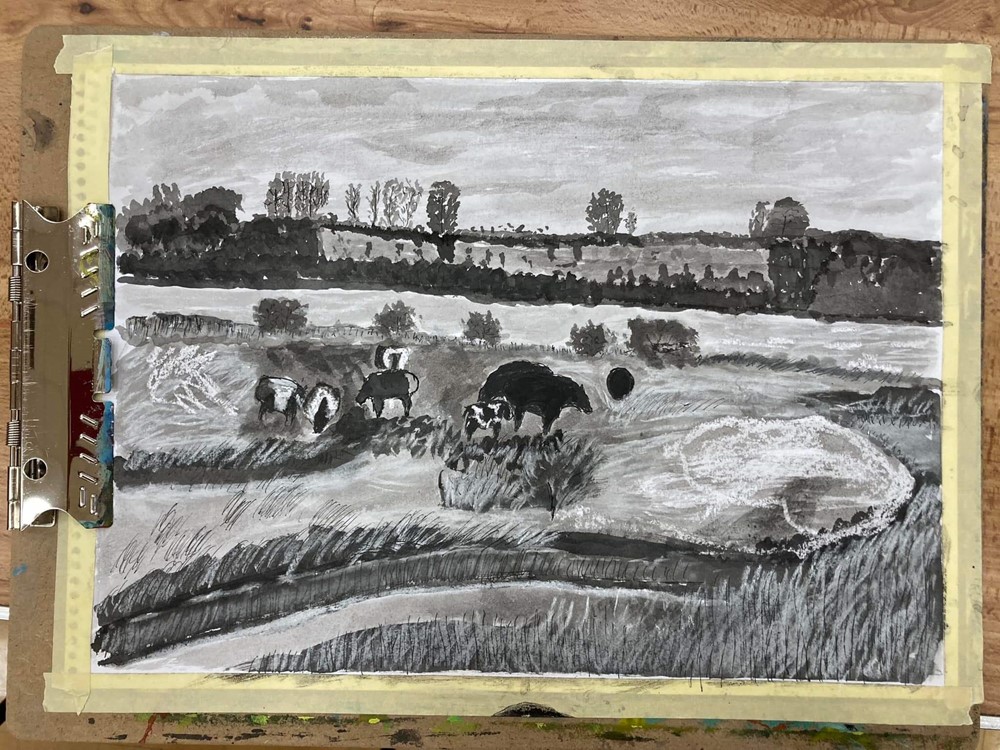Black and white painting of cows in field