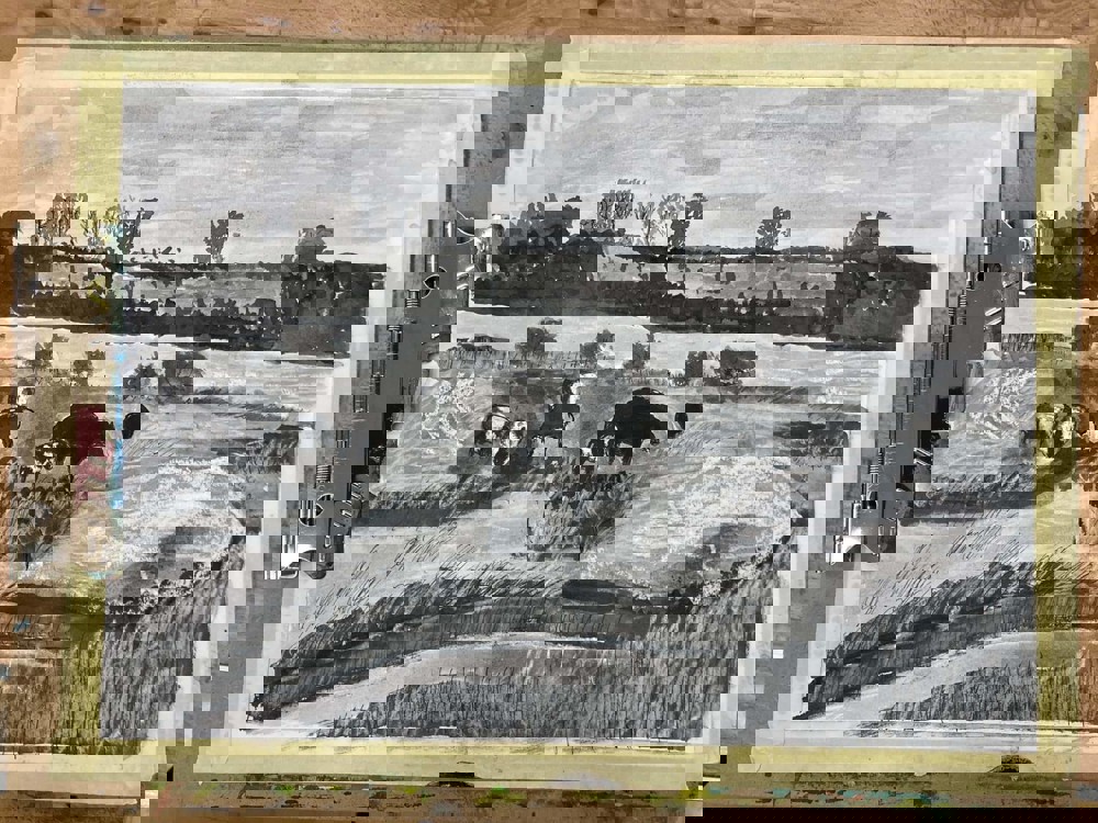 Black and white painting of cows in field