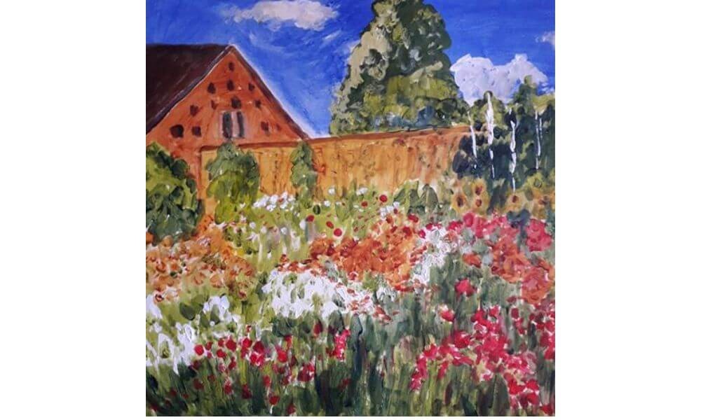 Watercolour painting of flowers and house