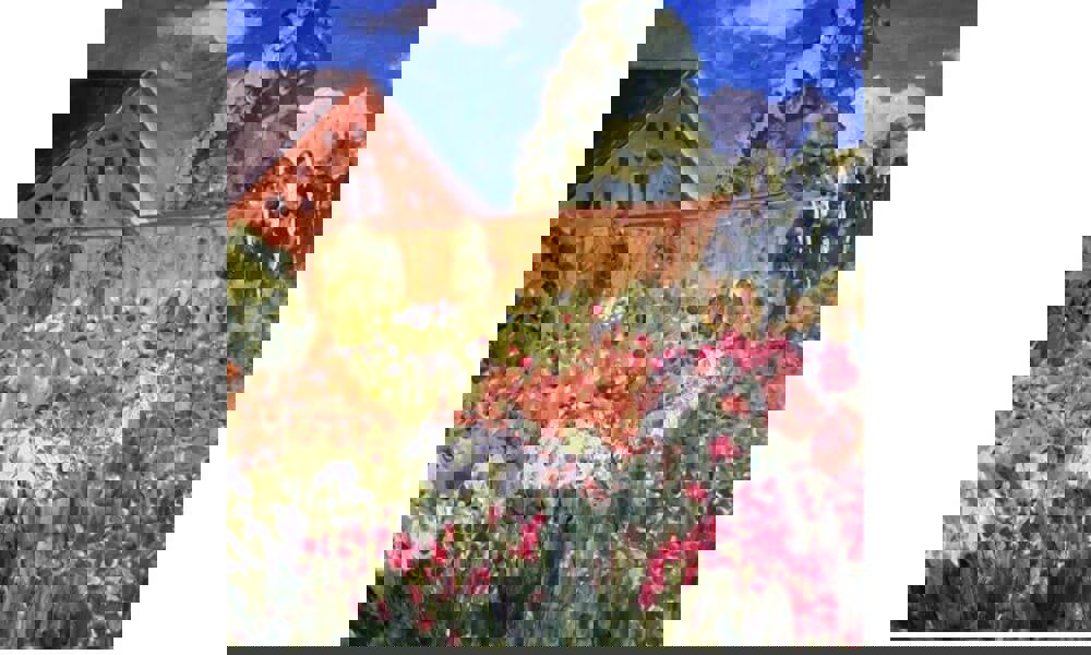 Watercolour painting of flowers and house