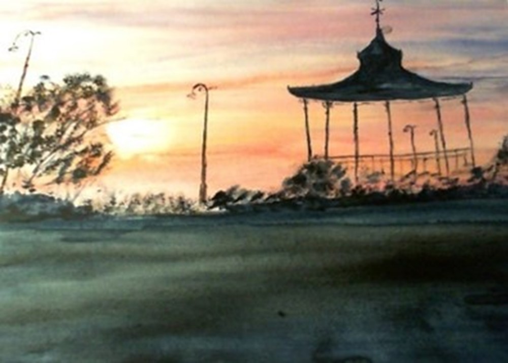 Painting of pink sky and bandstand