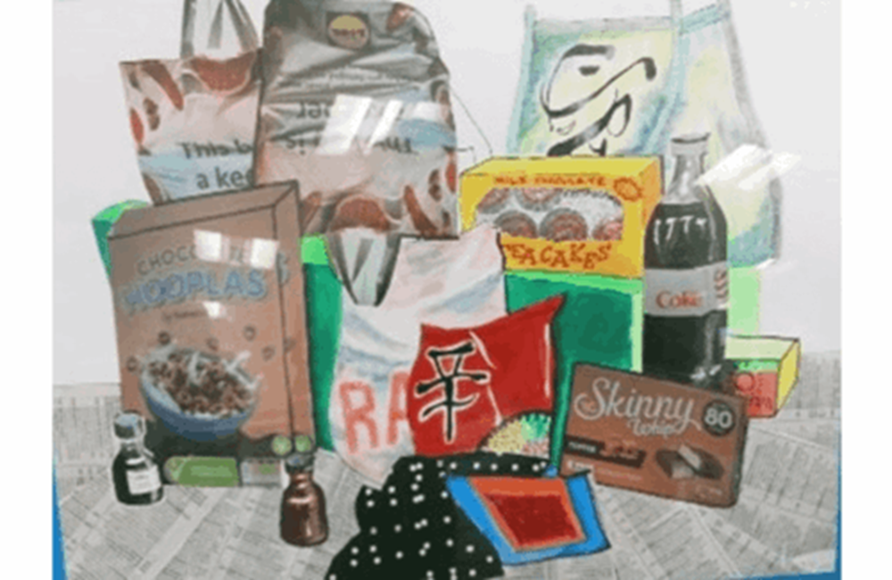 Drawing of cereal box and food packaging
