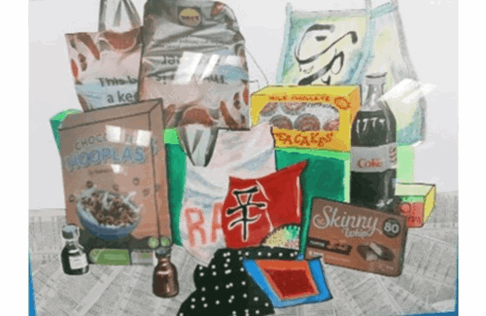 Drawing of cereal box and food packaging 