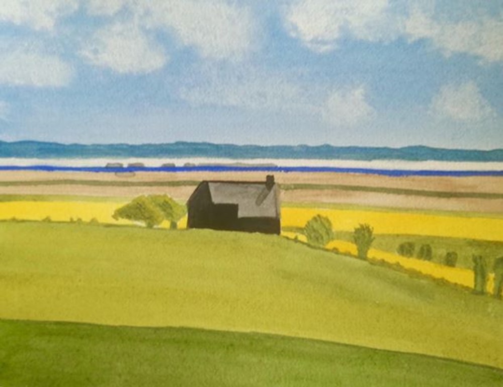 Learner painting of cottage amongst fields