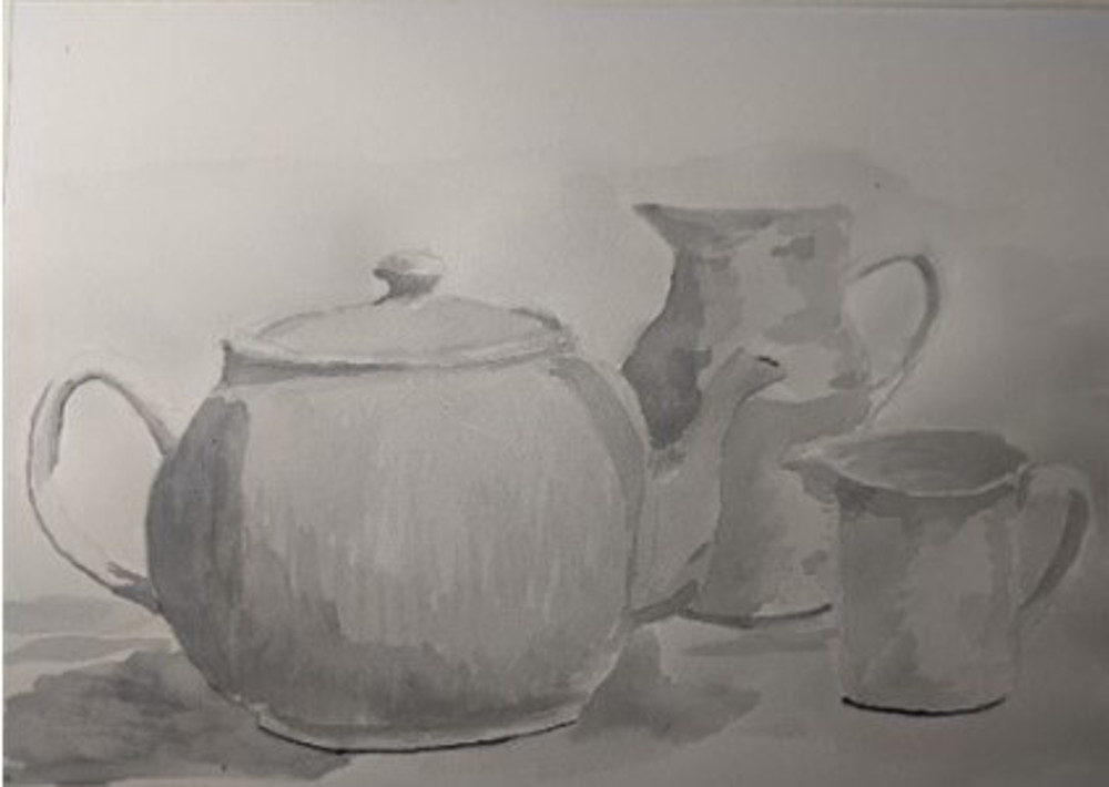 Watercolour painting of teapot and jugs
