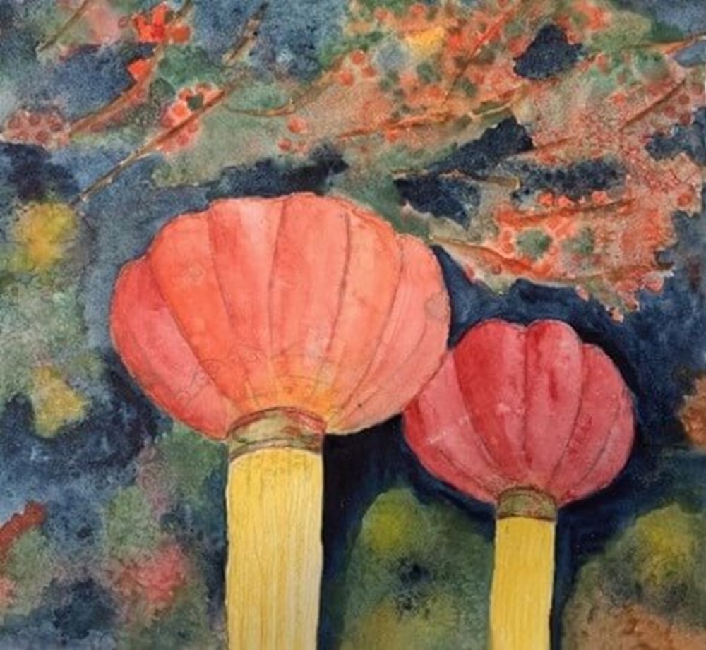 Watercolour painting of Chinese lanterns