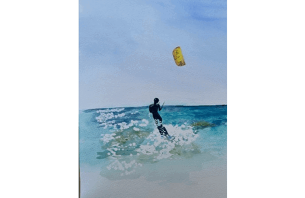 Painting of person kite surfing