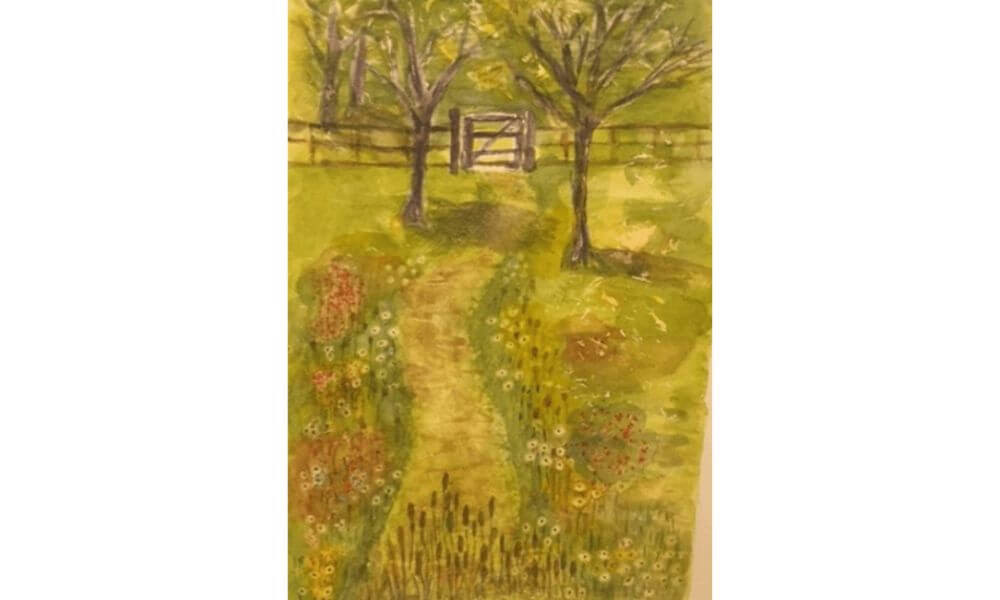 Watercolour painting of trees in field