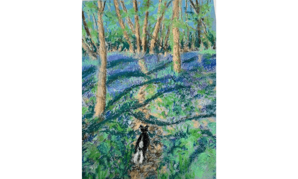 Watercolour painting of dog in bluebells