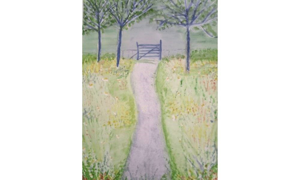 Watercolour painting of trees in field