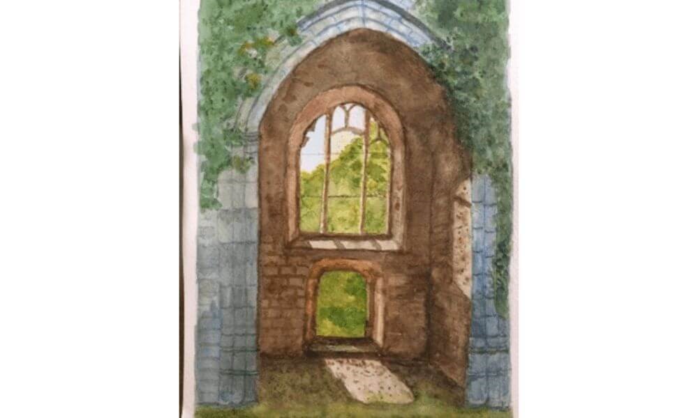 Watercolour painting of arch and window