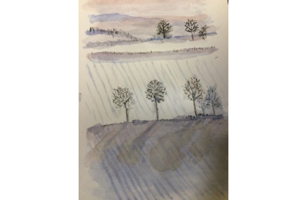Watercolour painting of trees in field