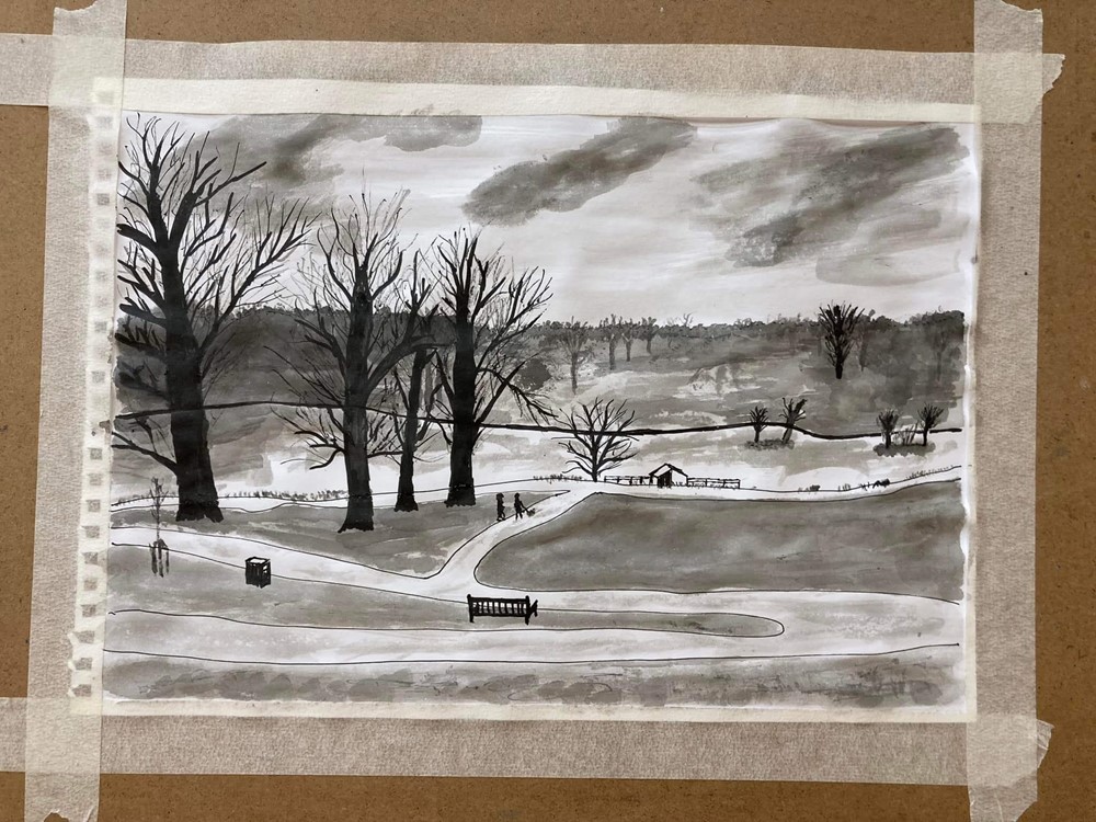 Black and white painting of park