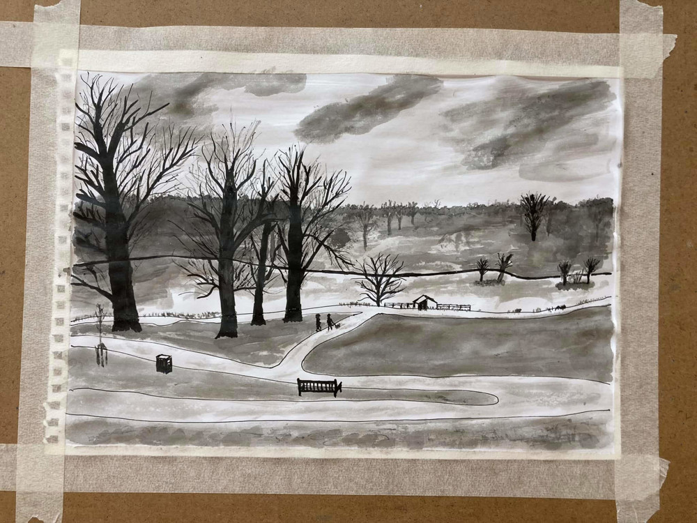 Black and white painting of park