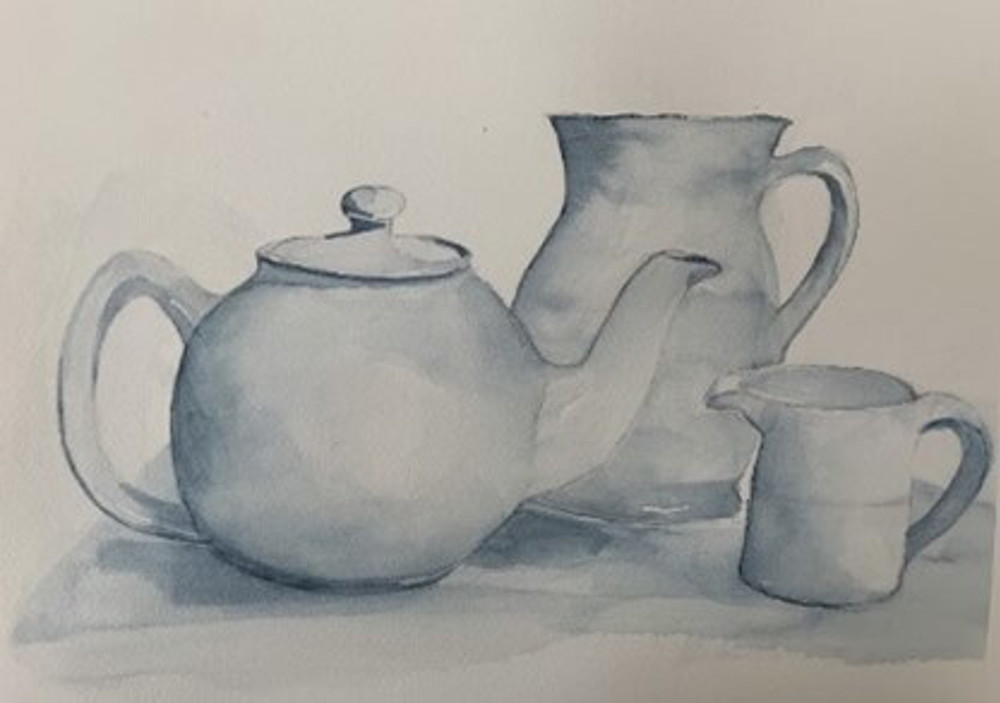 Watercolour painting of teapot and jugs