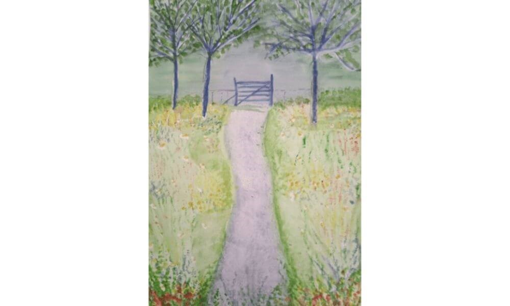 Watercolour painting of trees in field