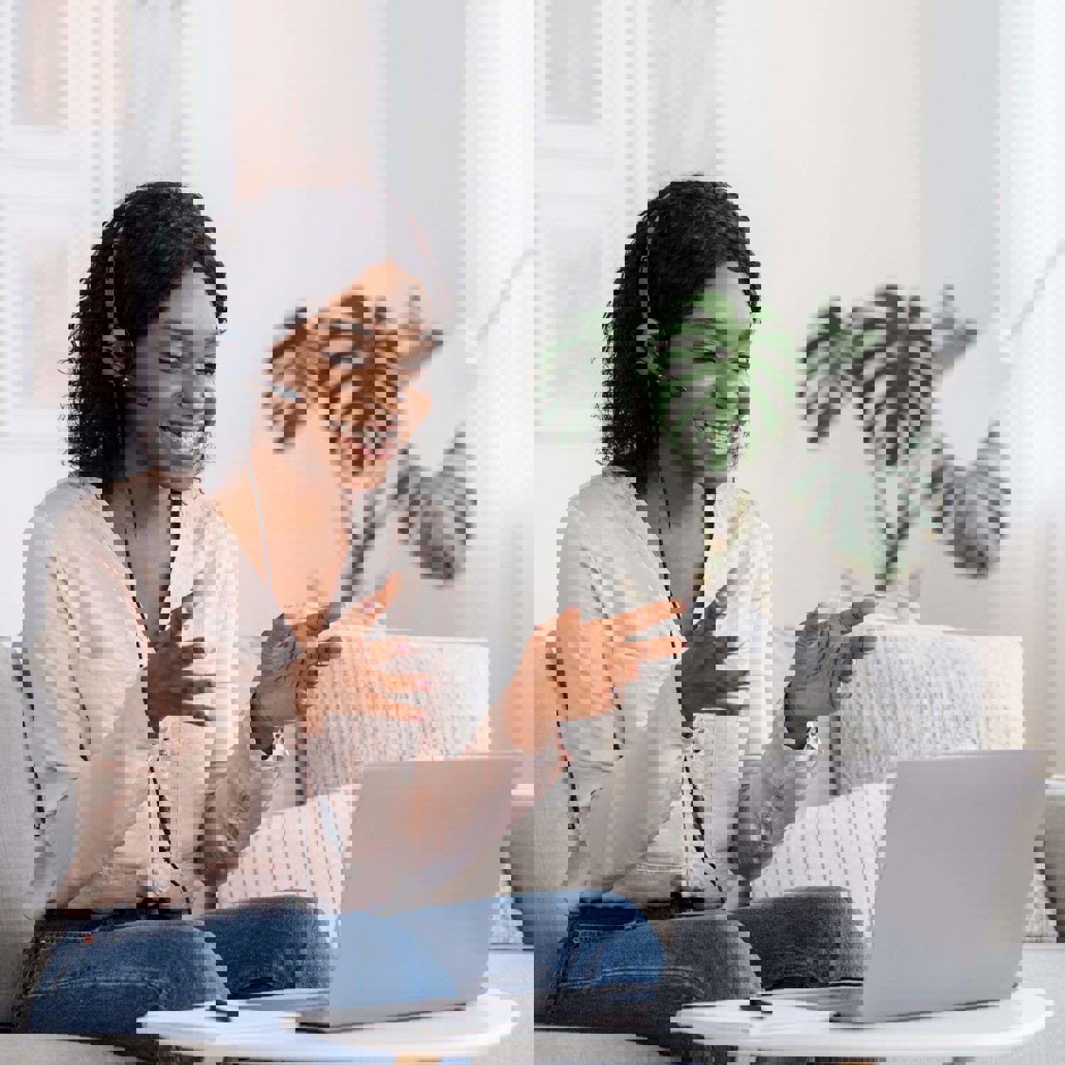 Lady with headset on laptop