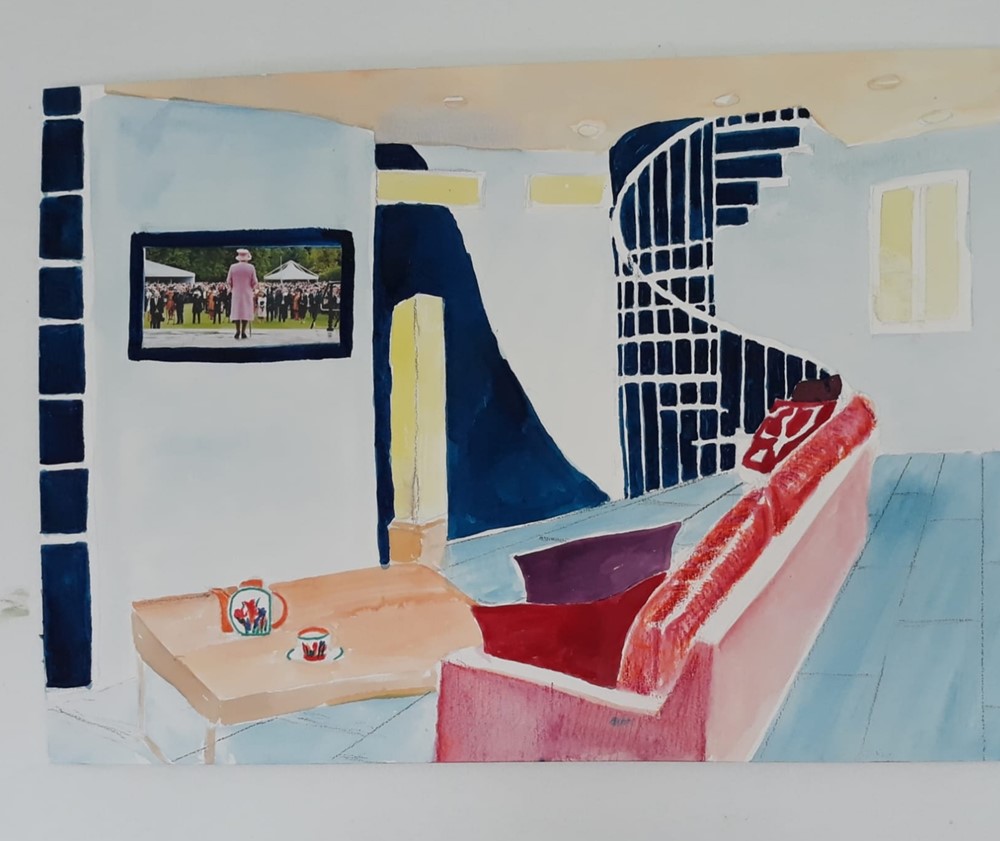 Painting of living room with queen on TV