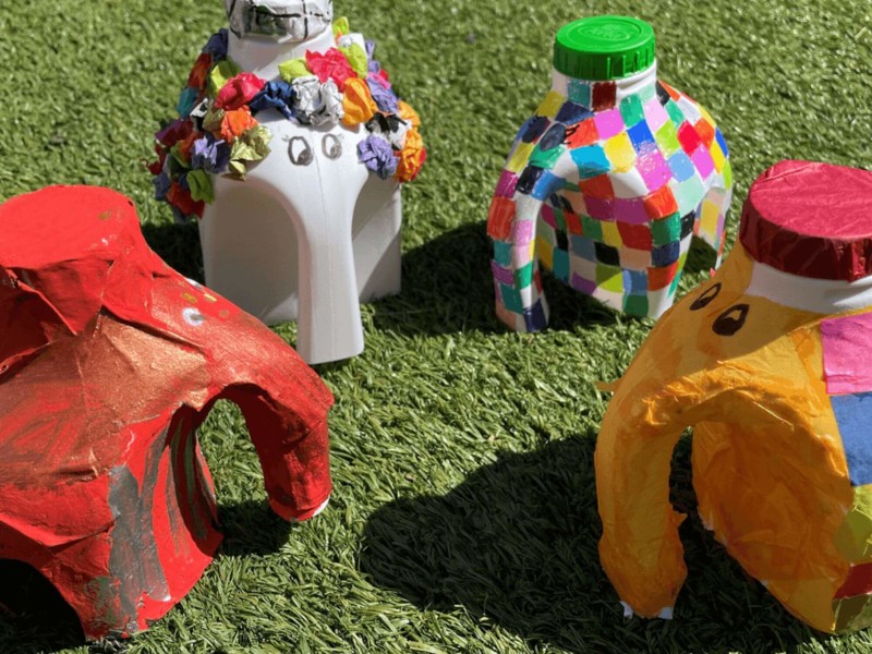 Elmer elephant craftwork made out of milk bottles 