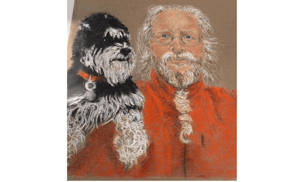 Watercolour painting of dog and man