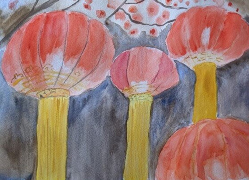 Watercolour painting of Chinese lanterns