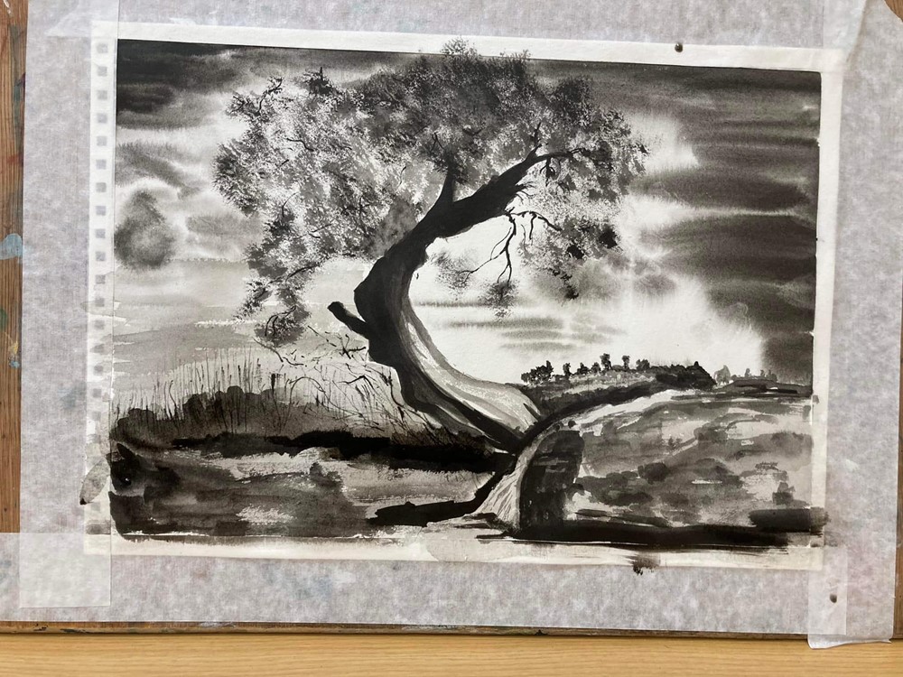 Black and white painting of tree
