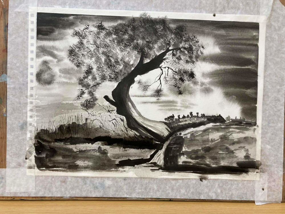 Black and white painting of tree