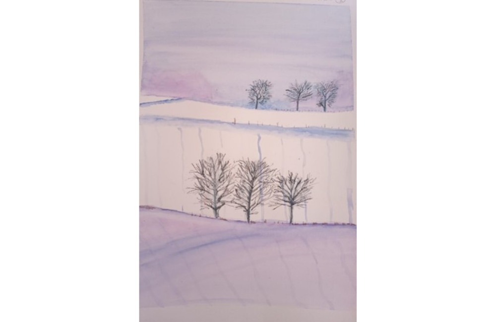 Watercolour painting of trees in field