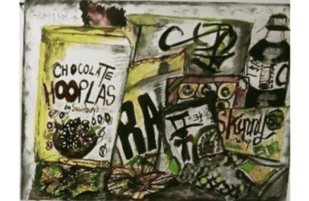 Drawing of cereal box and food packaging