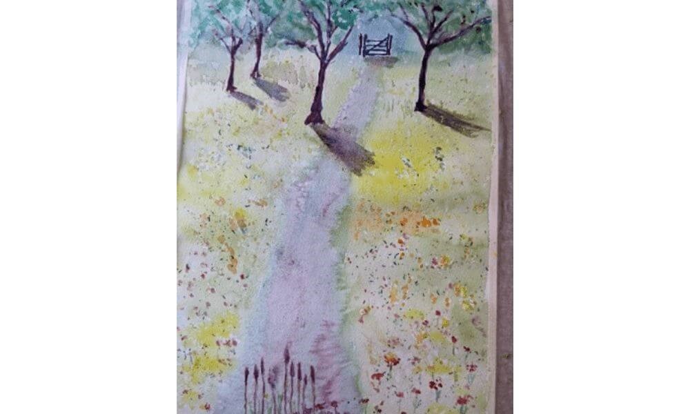Watercolour image of flowers in field