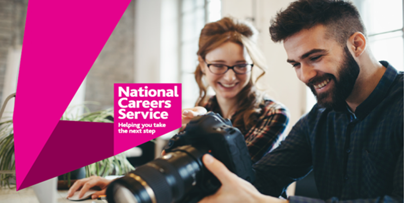 National Careers Service logo and two people holding a camera 