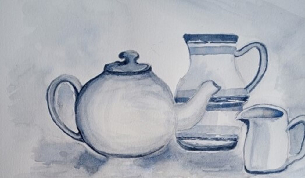 Watercolour painting of teapot and jugs