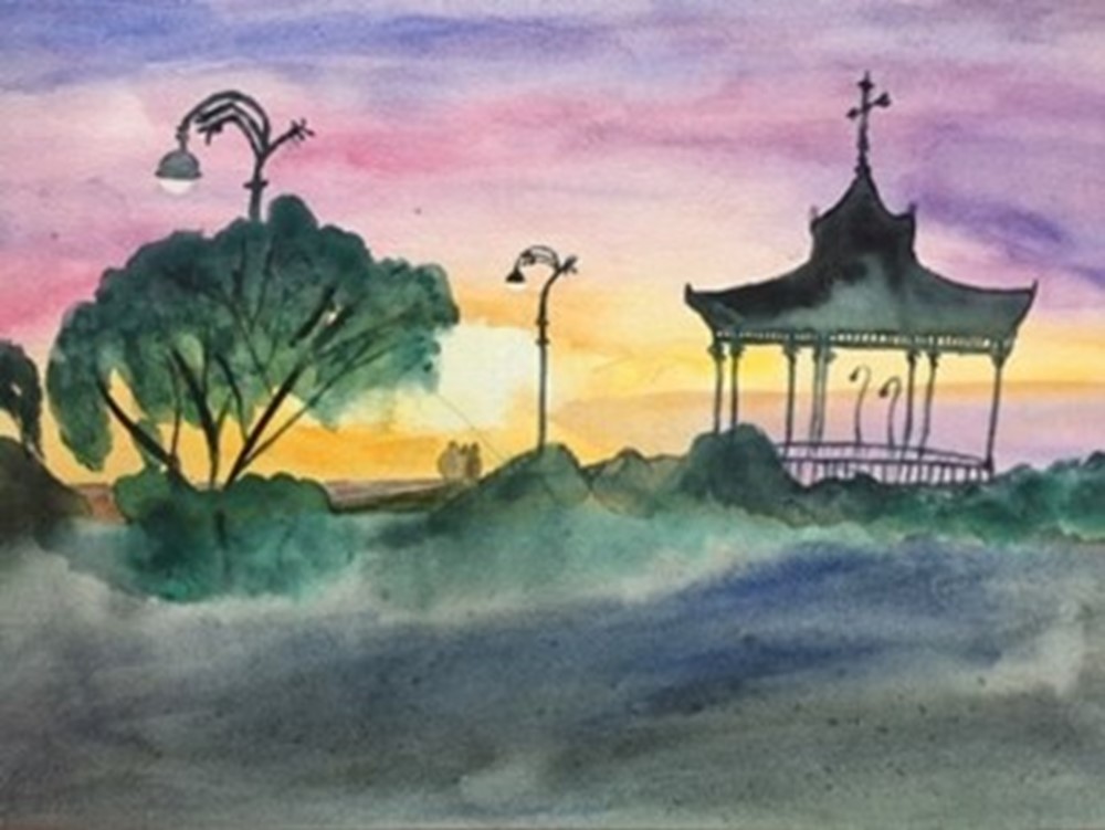 Painting of pink sky and bandstand