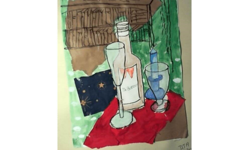 Collage and painting of bottle with glass