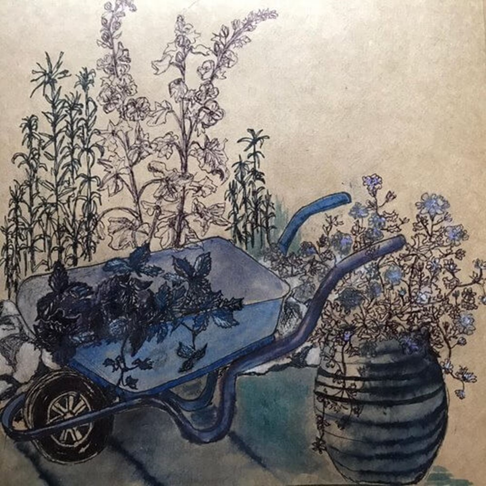 Painting of wheelbarrow and plants