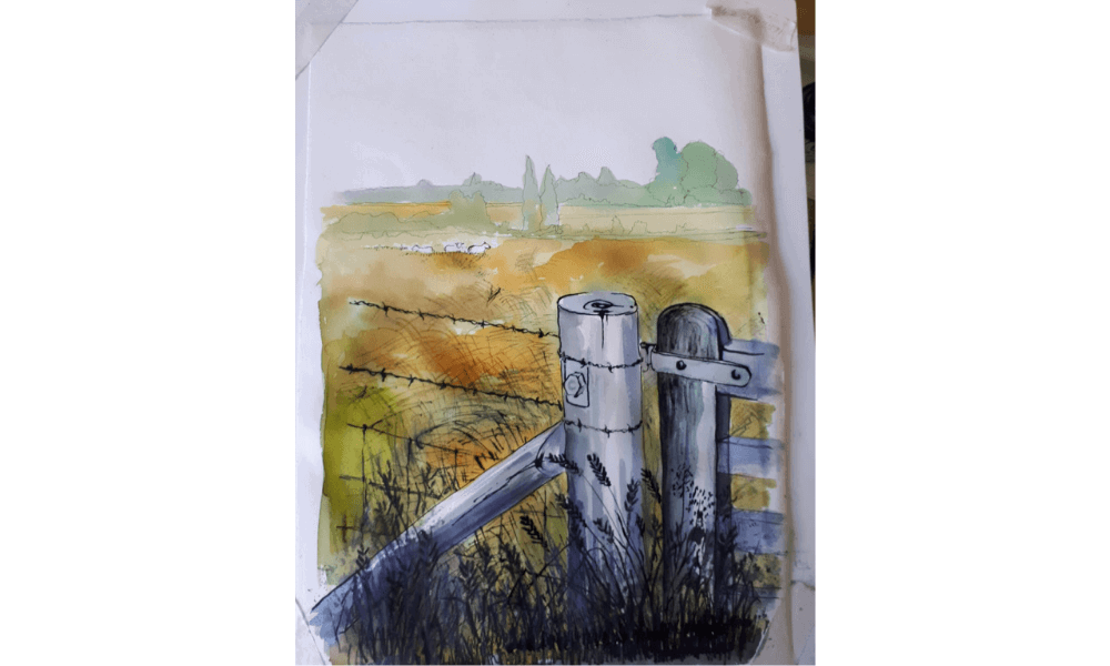 Painting of fence and field