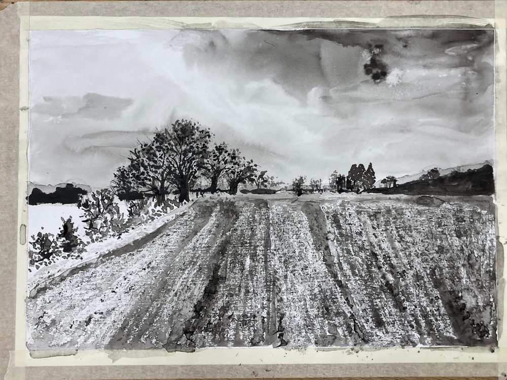 Black and white painting of field