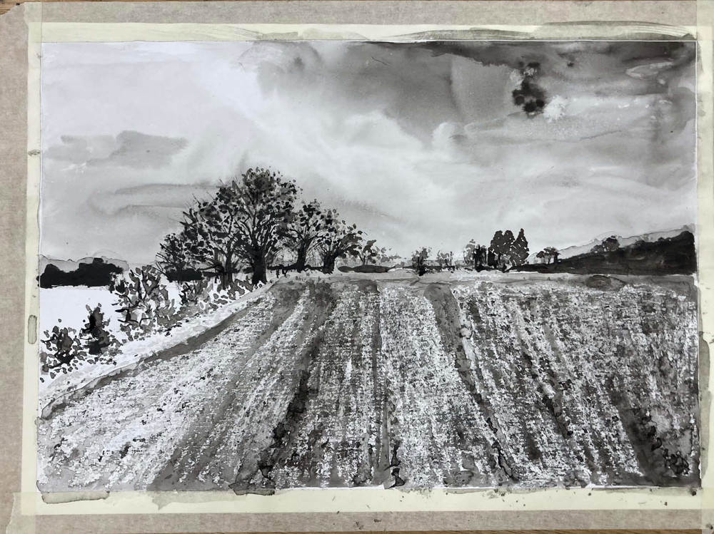 Black and white painting of field