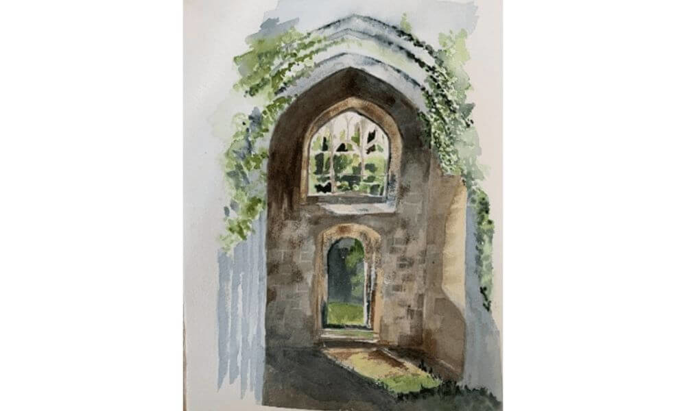 Watercolour painting of arch and window