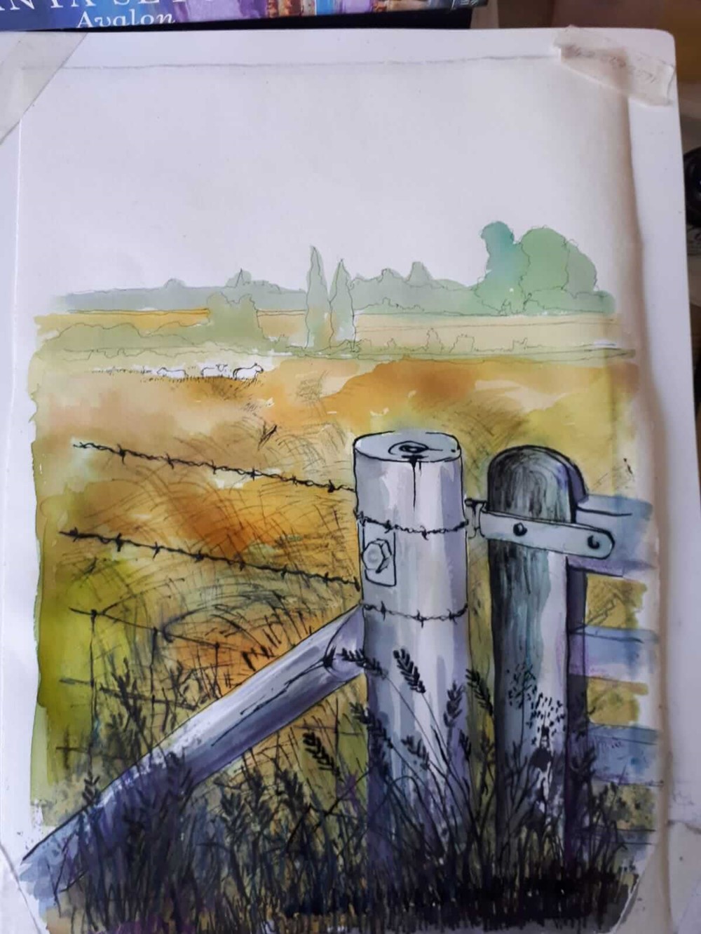 Student work, image of a field and fence from a drawing course