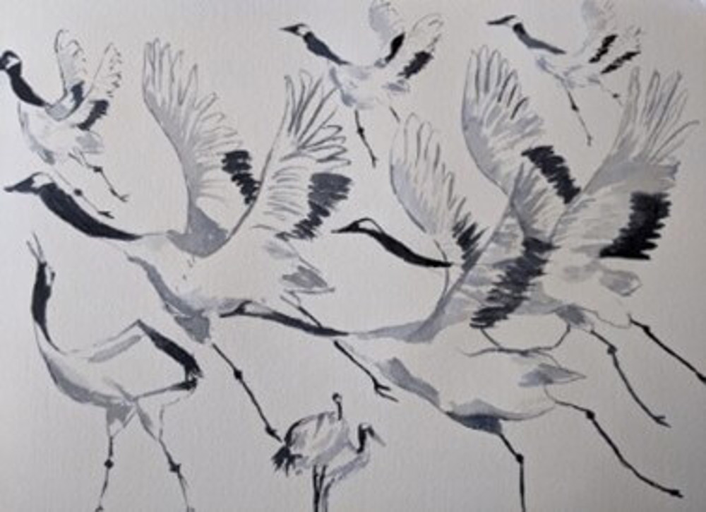 Watercolour painting of birds flying