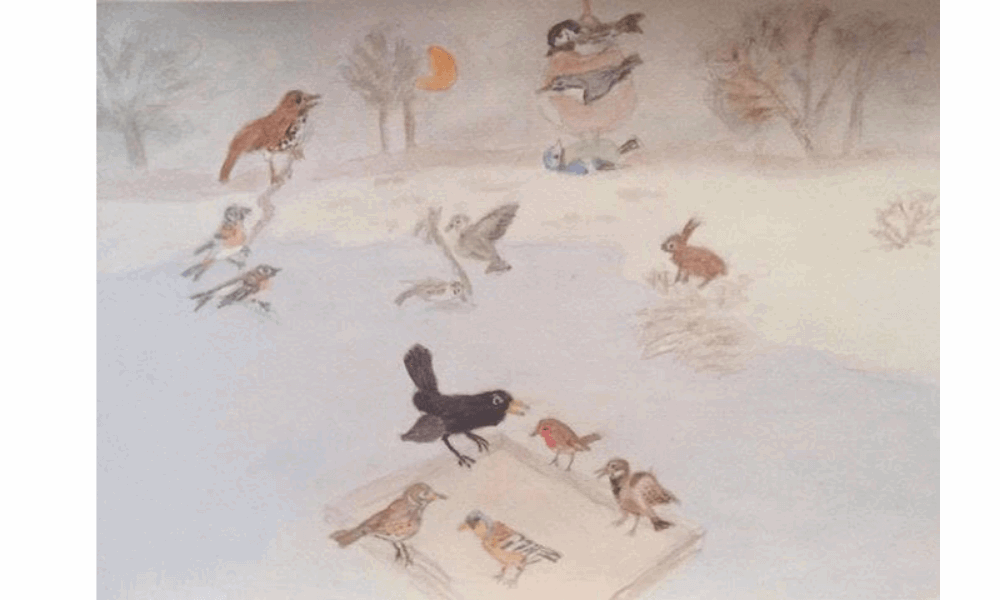 Watercolour painting of birds and rabbit
