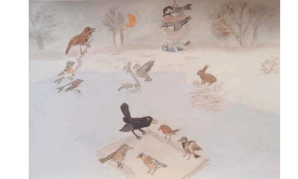 Watercolour painting of birds and rabbit