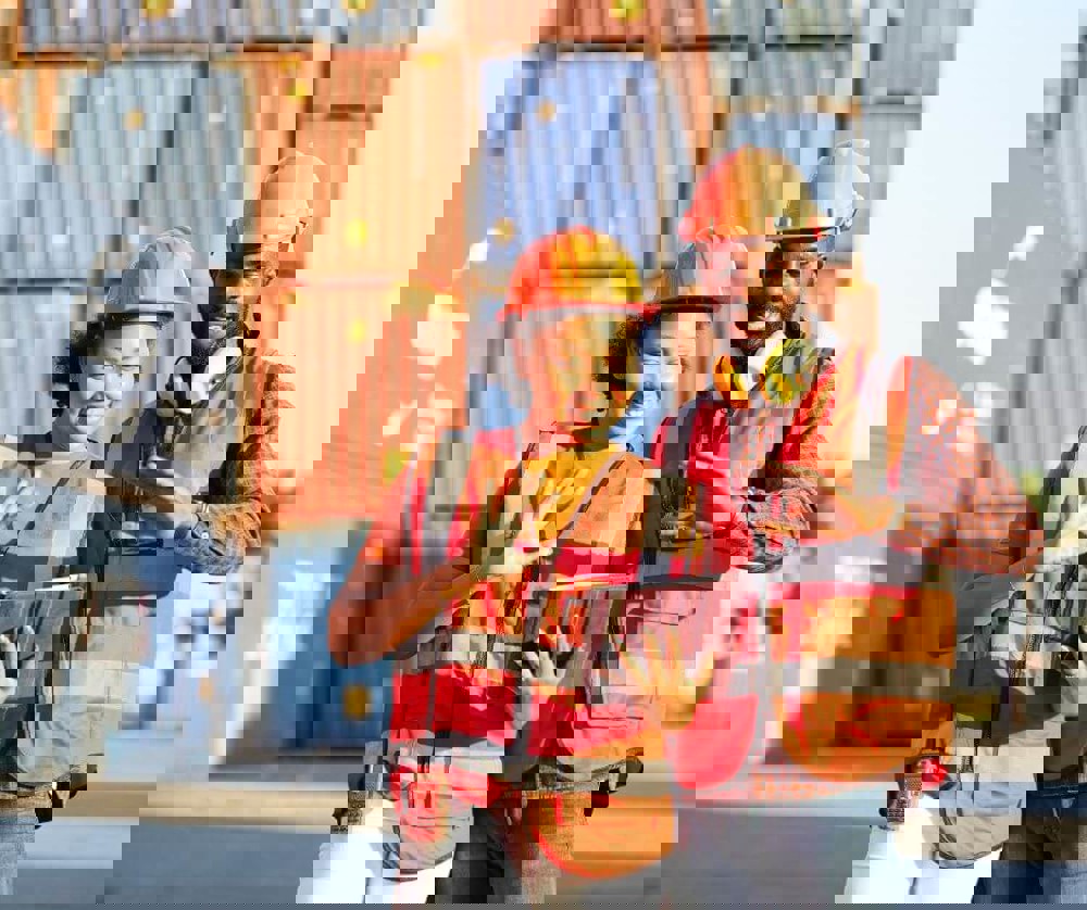 Two people wearing hi vis jackets looking at a clip board with freight containers in the background